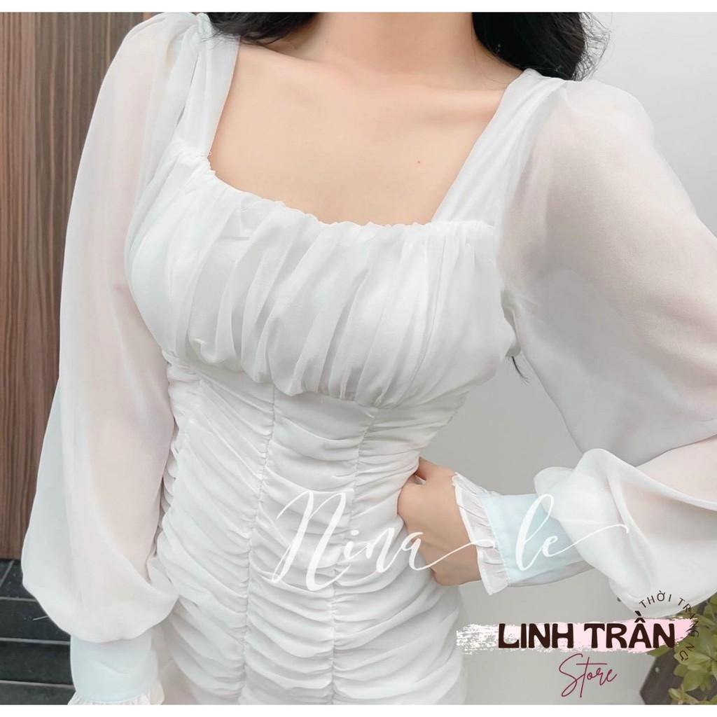 Đầm Trắng Voan Nhún Thân Chân Bèo 2 Lớp Váy Body Trắng Tay Dài Nhúng Thân Linh Trần Store