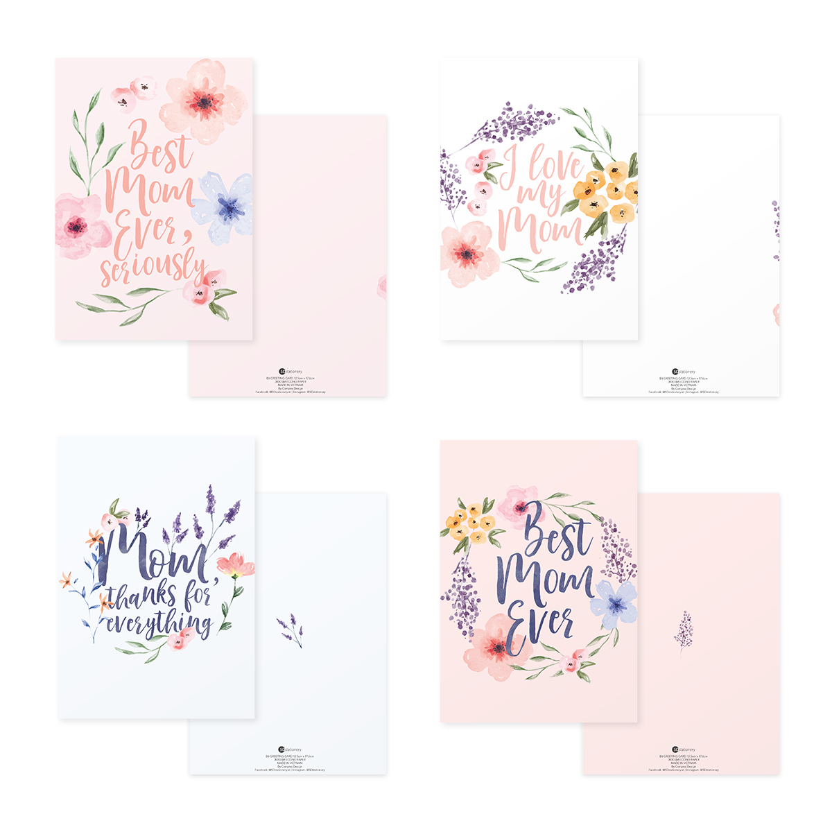 Bộ 4 thiệp tặng mẹ, ngày của mẹ ngày phụ nữ Vu Lan, PURPLE LOVE FOR MOM 12,5x17,6 SDstationery hoa màu nước chữ viết tay