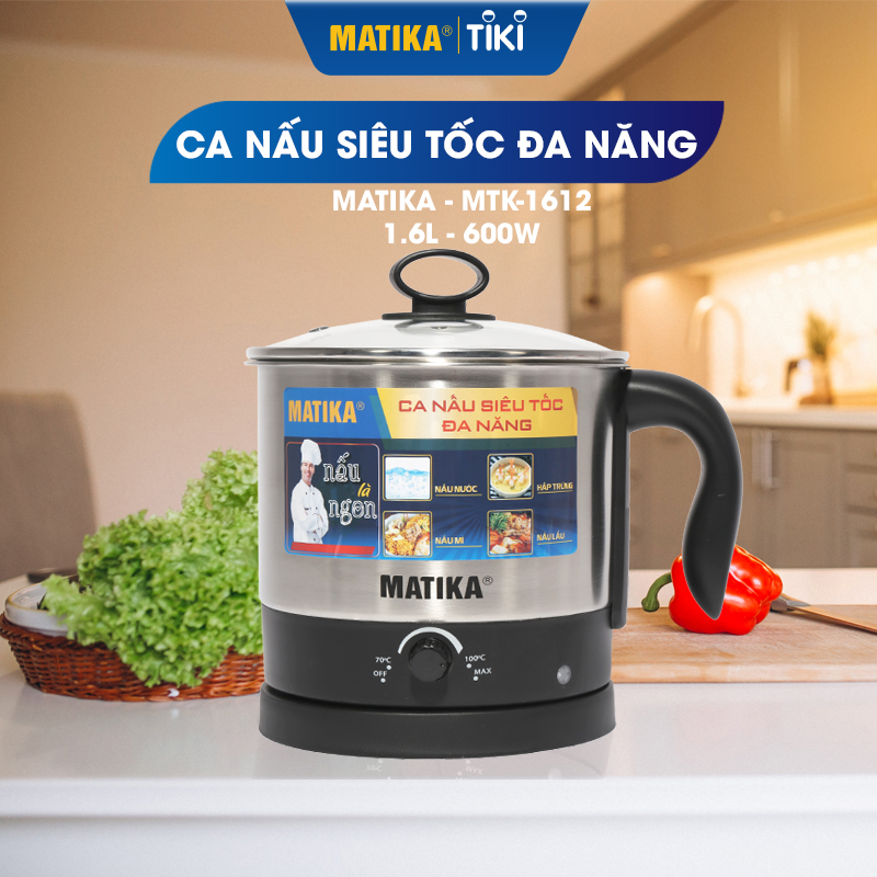 Ca Nấu Đa Năng 1.6L Inox 304 Matika MTK-1612 Công Suất 600W ,Ca Nấu Siêu Tốc,Nồi Lẩu Điện Mini,Nấu Mì. Nấu Lẩu,Đun Nước,Luộc Trứng -Hàng Chính Hãng