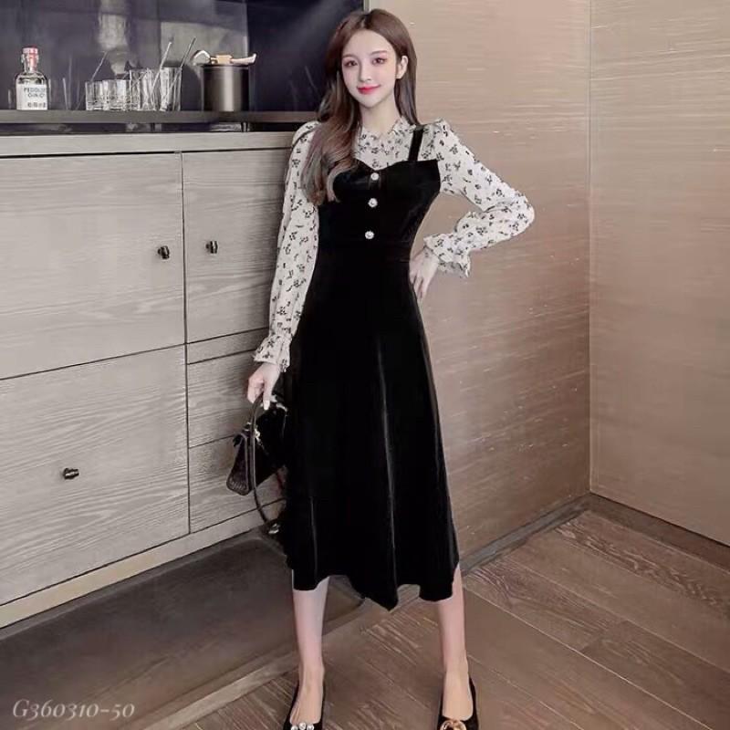 Váy nhung phối voan hoa sang chảnh KÈM ẢNH THẬT