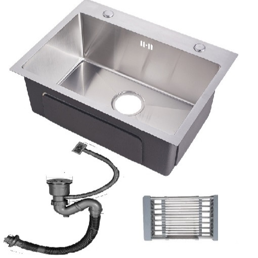 Combo chậu rửa chén bát inox 1 hố 6045, vòi rửa bát inox nóng lạnh cổ ngỗng, bình xà phòng, rá inox, bộ xiphong ống xả chậu