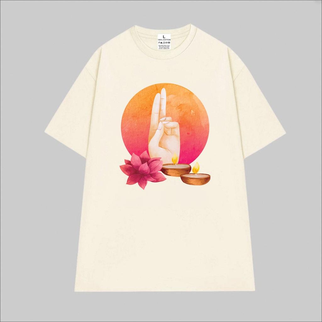 Cao cấp - Áo thun oversize hình thủ ấn Prana họa tiết hoa sen ánh nến đánh thức năng lượng bên trong Mudra shirt BND555