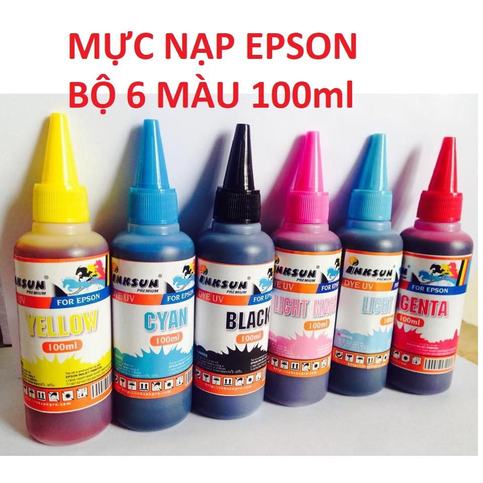 Bộ 6 chai mực bơm cho máy in phun Epson màu chuẩn, bảo vệ đầu phun