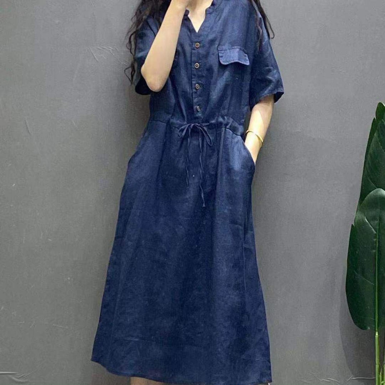 Đầm suông linen cổ V túi đắp thắt eo, thời trang phong cách Hàn - Đầm công sở nữ Haint Boutique Da163