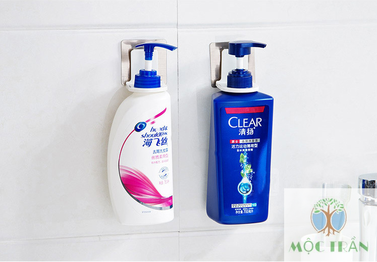 MÓC DÁN TƯỜNG TREO BÌNH NƯỚC RỬA TAY, DẦU GỘI, SỮA TẮM CÓ VÒI XỊT SIÊU CHẮC