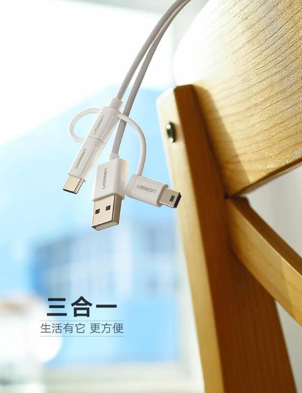 Ugreen UG40769US185TK 2m màu Bạc Cáp dữ liệu USB 3trong1 micro + lightning + mini USB + truyền dữ liệu từ máy tính ra điện thoại - HÀNG CHÍNH HÃNG