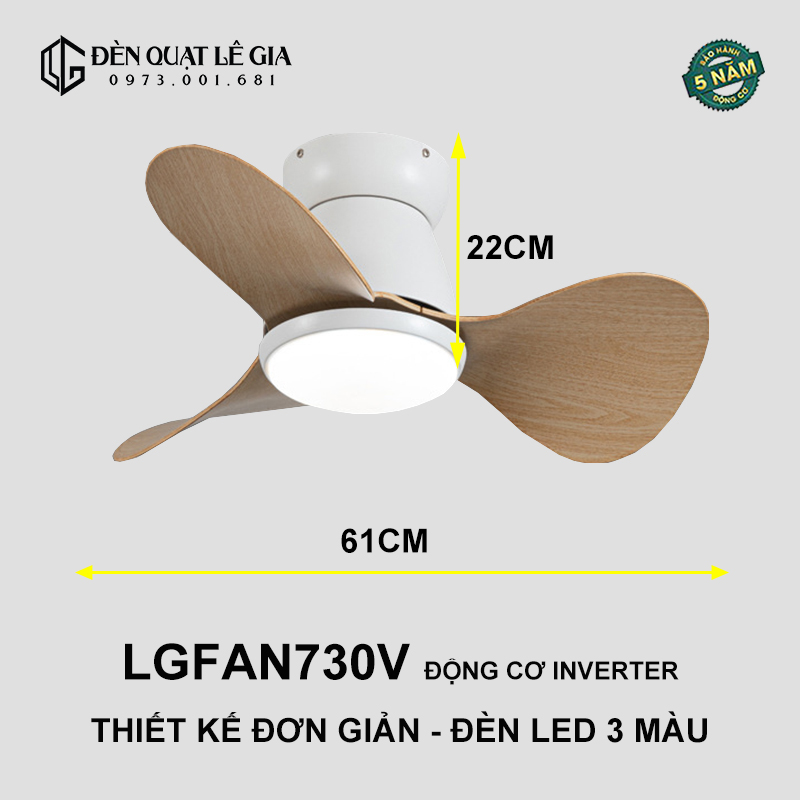 Quạt Trần Mini Có Đèn LÊ GIA LGFAN730T - Chiều Cao 22cm - Sải Cánh 61cm - Bảo Hành 5 Năm