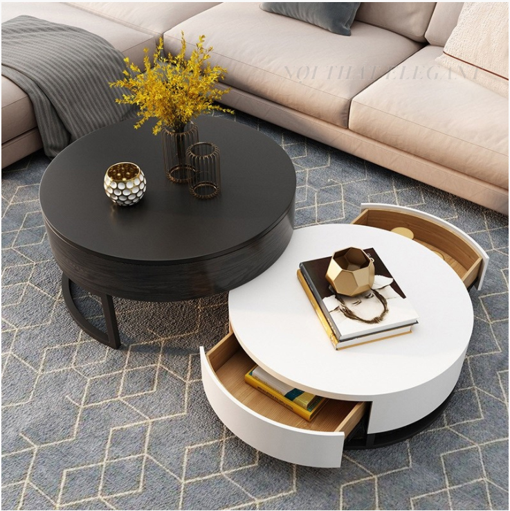 Bộ bàn trà tròn thông minh, gỗ tự nhiên, có hai ngăn kéo và 1 ngăn ẩn, mặt bàn có thể nâng hạ – EL-BT04