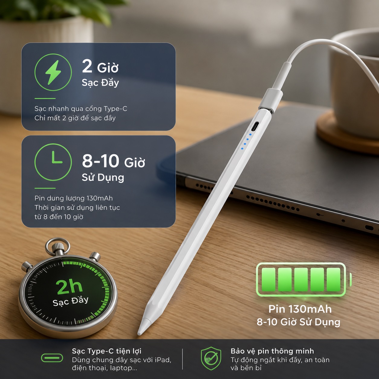 Bút cảm ứng styplus thông minh cho iPad không độ trễ hỗ trợ tì tay nét nghiêng cho iPad WIWU Pencil E - Hỗ trợ iPad Pro Air Mini đời 2018 trở lên - Palm Rejection | Magnetic | Sạc Type-C | Viết Không Độ Trễ | Tặng Ngòi Thay Thế - Hàng nhập khẩu