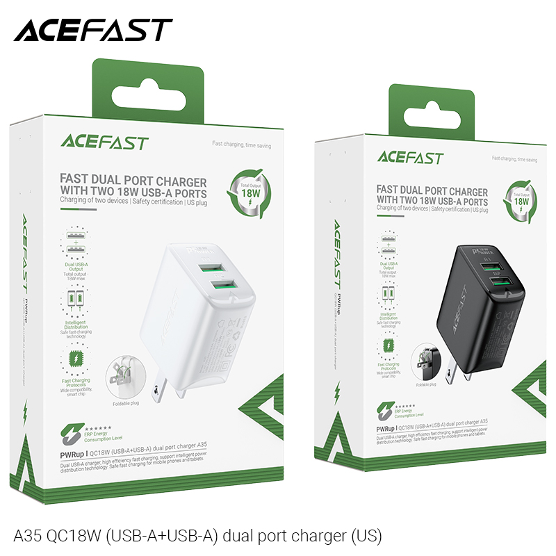 Sạc Acefast QC18W 2 cổng USB-A (US) - A35 Hàng chính hãng Acefast