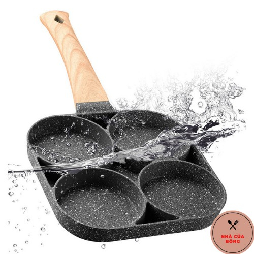Khuôn Chảo Chiên Rán Trứng Làm Bánh 4 Ngăn 4 Lỗ Chống Dính- Chống Dính Tay Cầm Gỗ