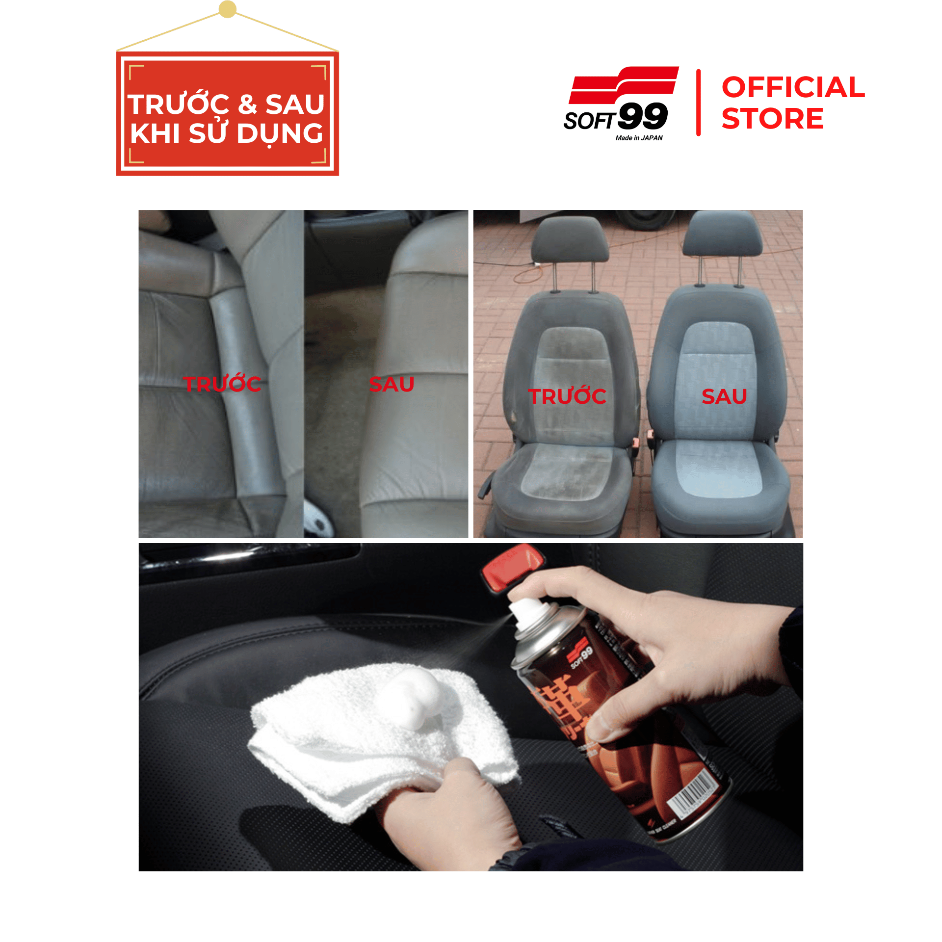 Chai xịt vệ sinh ghế da ô tô dạng bọt giúp làm sạch, dưỡng ẩm chống mốc, kháng khuẩn Leather Seat Cleaner L-13 300ml Soft99