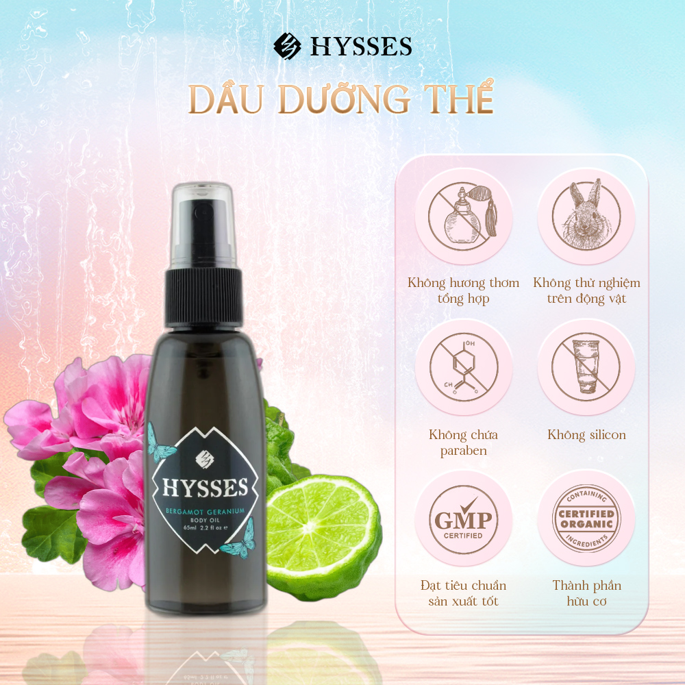 Dầu dưỡng thể Cao Cấp Hysses Body Oil Giúp Làm Mờ Nếp Nhăn, Hỗ Trợ Mụn Trứng Cá, Tăng Cường Tái Tạo Tế Bào Và Khóa Ẩm và Bảo Vệ Da Với Tinh Dầu Cam Bergamot - Hoa Phong Lữ Hữu Cơ Tự Nhiên