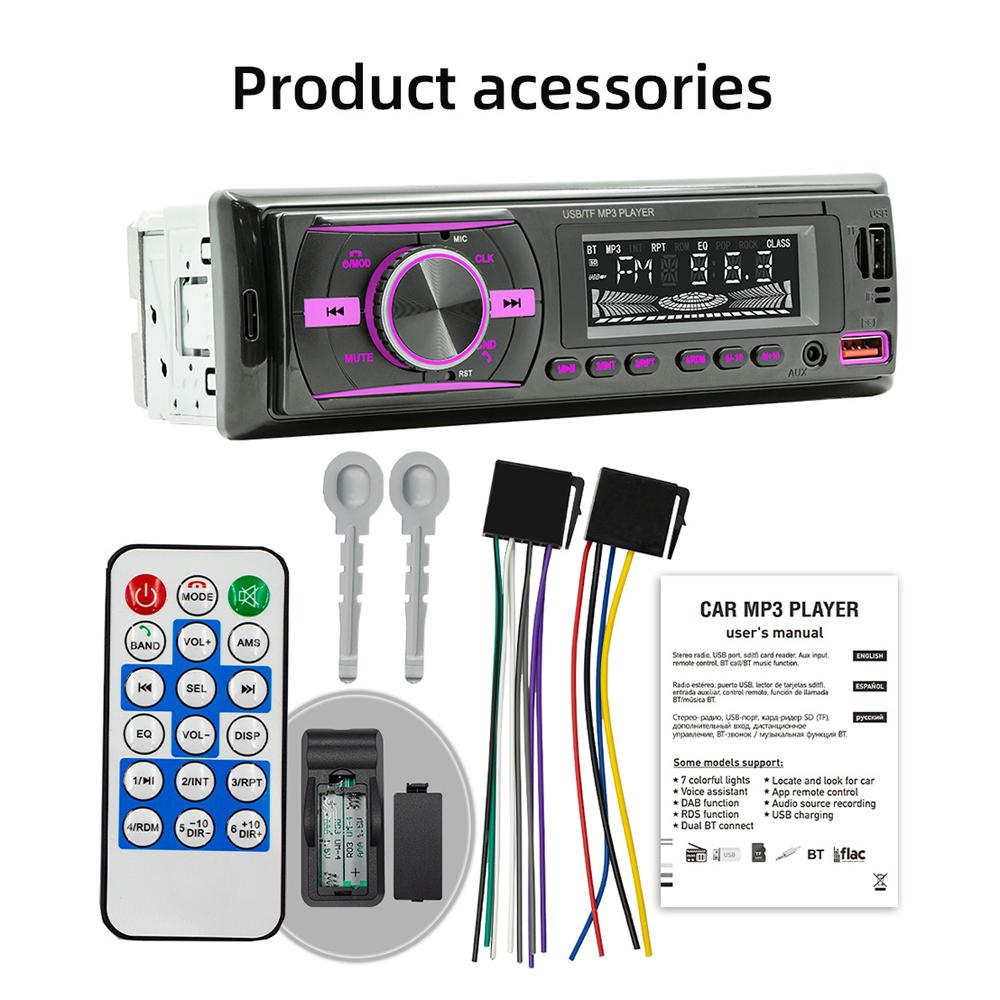 Car MP3 Player BT Stereo Receiver FM Radio Hands-Free Calling U-Disk/TF Card/Aux-in Player Support APP to Find Car/Voice Assistant/Audio Recording with Remote Controller Colorful Light