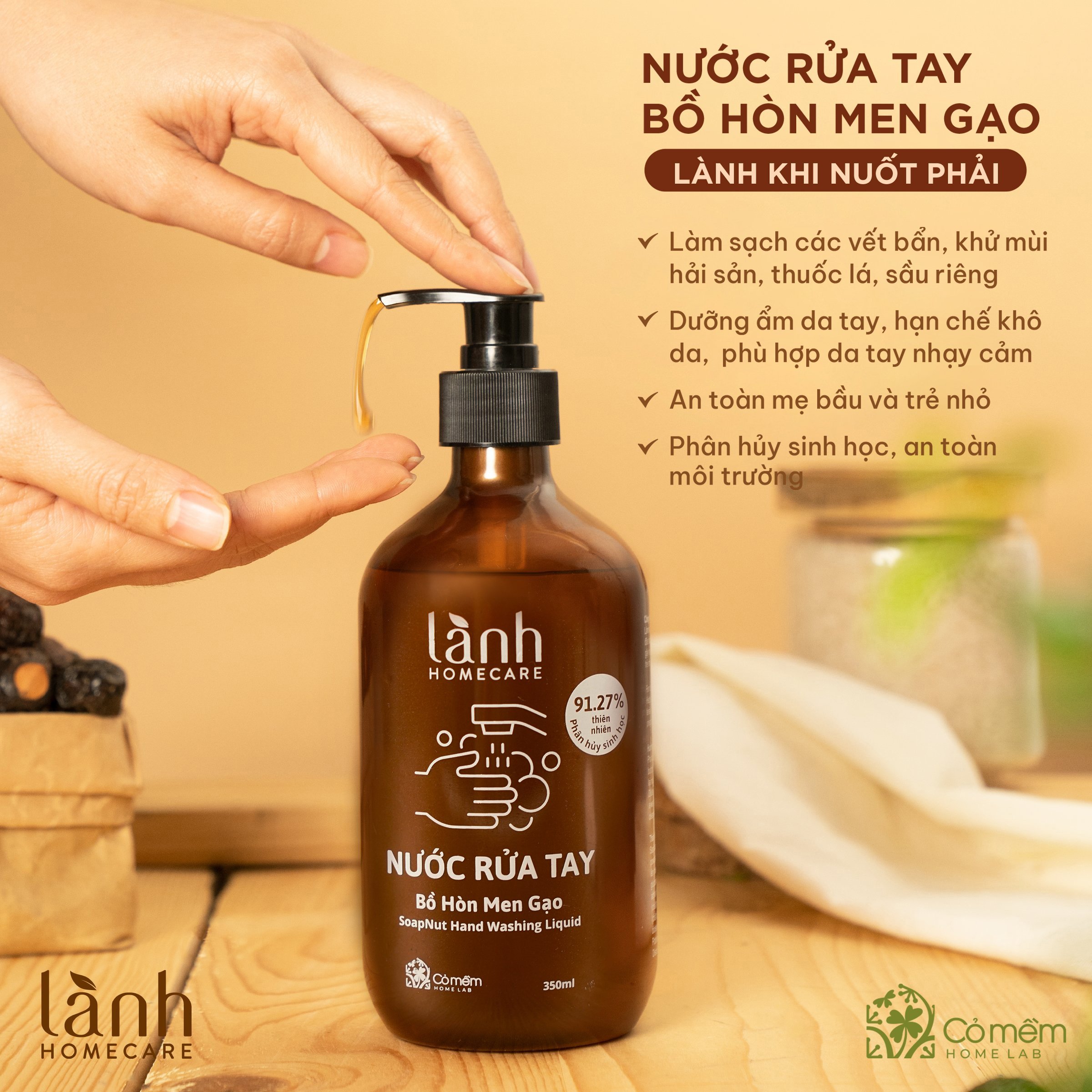 Nước Rửa Tay Thiên Nhiên Bảo Vệ Dưỡng Ẩm Da Tay An Toàn Lành Homcare Cỏ Mềm 350ml