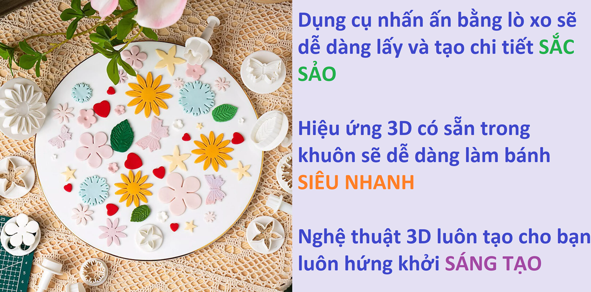 Bộ Khuôn 3D vói 36 món - Khuôn FONDANT tạo hình HOA, LÁ, Ngôi SAO, TIM, BƯỚM + Bộ vét. Dụng cụ tạo hình phụ kiện TRANG TRÍ các loại bánh Kem Qui Bao Trung thu, Bánh Mì. Bộ Khuôn nhấn lò xo Sử dụng ĐA NĂNG tạo hình Đất Sét ĐỒ CHƠI chó bé học tập SÁNG TẠO