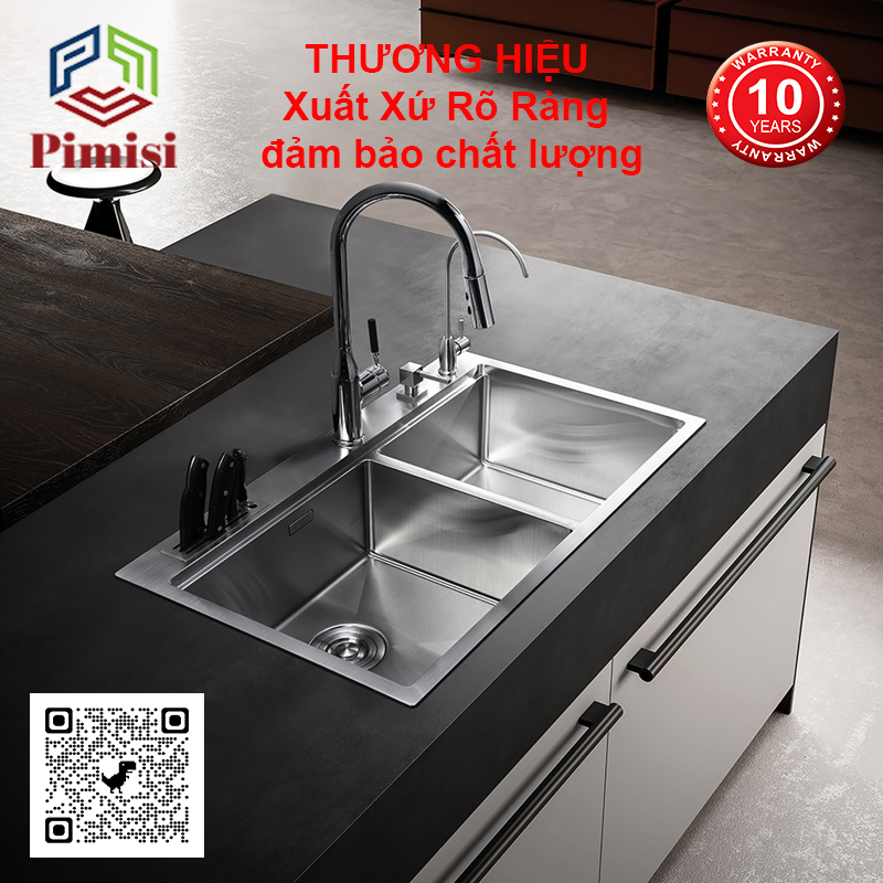 Chậu rửa bát chén inox 304 Pimisi đúc 2 hố cân kiểu 2 tầng giật cấp, kích thước bồn rửa bậc thang 78x43 và 82 x 45 cm thép không gỉ sus 304 cao cấp đầy đủ xi phông loại to và kèm rổ đựng, gắn bàn đá hoặc để kệ giá dàn bếp | Hàng chính hãng