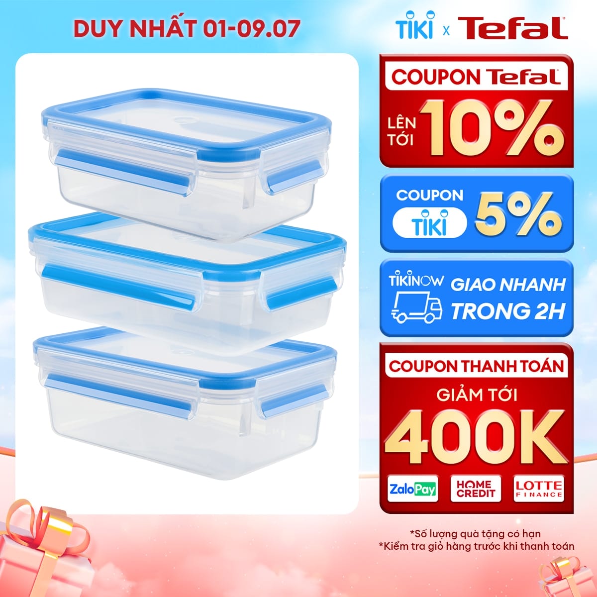 Bộ 3 hộp nhựa vuông Tefal Masterseal Fresh 0.55L, 0.8L, 1L - xanh