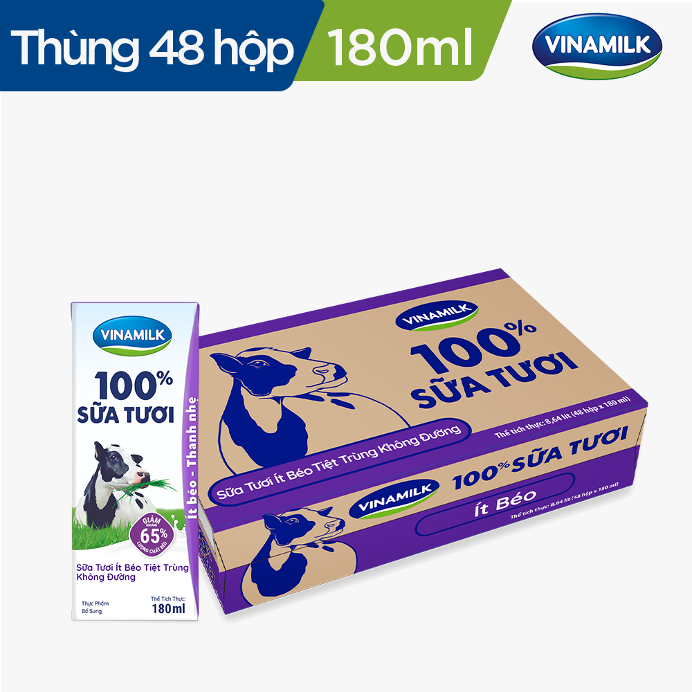 Thùng 48 HỘP SỮA TƯƠI TIỆT TRÙNG VINAMILK 100% TÁCH BÉO KHÔNG ĐƯỜNG 180ML