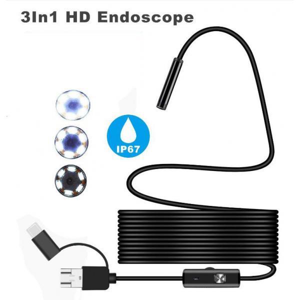 3in1 USB Endoscope with 6 Adjustable LED Lights, Semi-Rigid  Waterproof