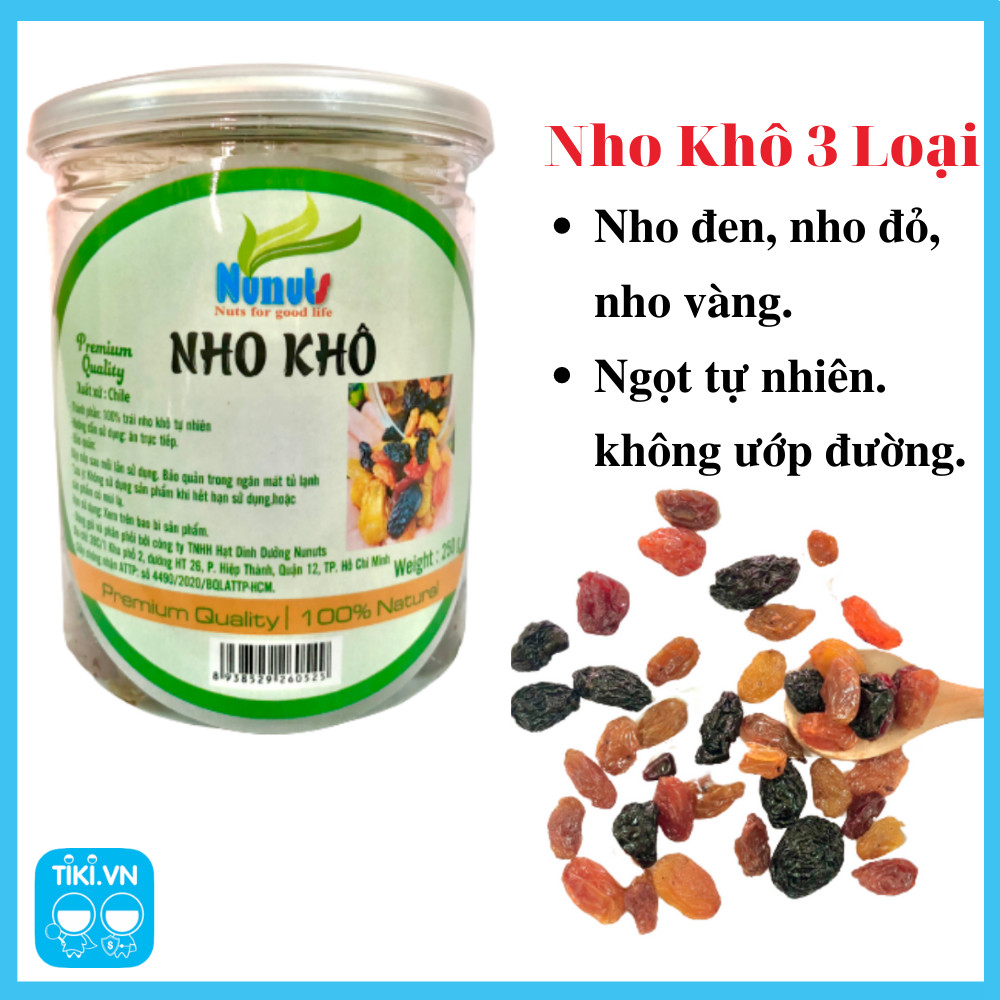 250g Nho khô hữu cơ Nunuts, nho khô thập cẩm 3 vị ( nho đen, nho đỏ, nho vàng) vị ngọt ngọt chua chua tự nhiên, không tẩm ướp đường.