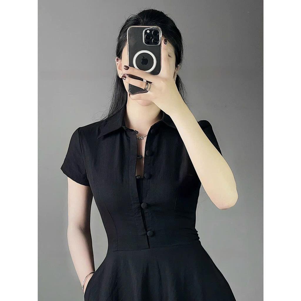 Đầm xoè sơmi nút bọc 2 túi