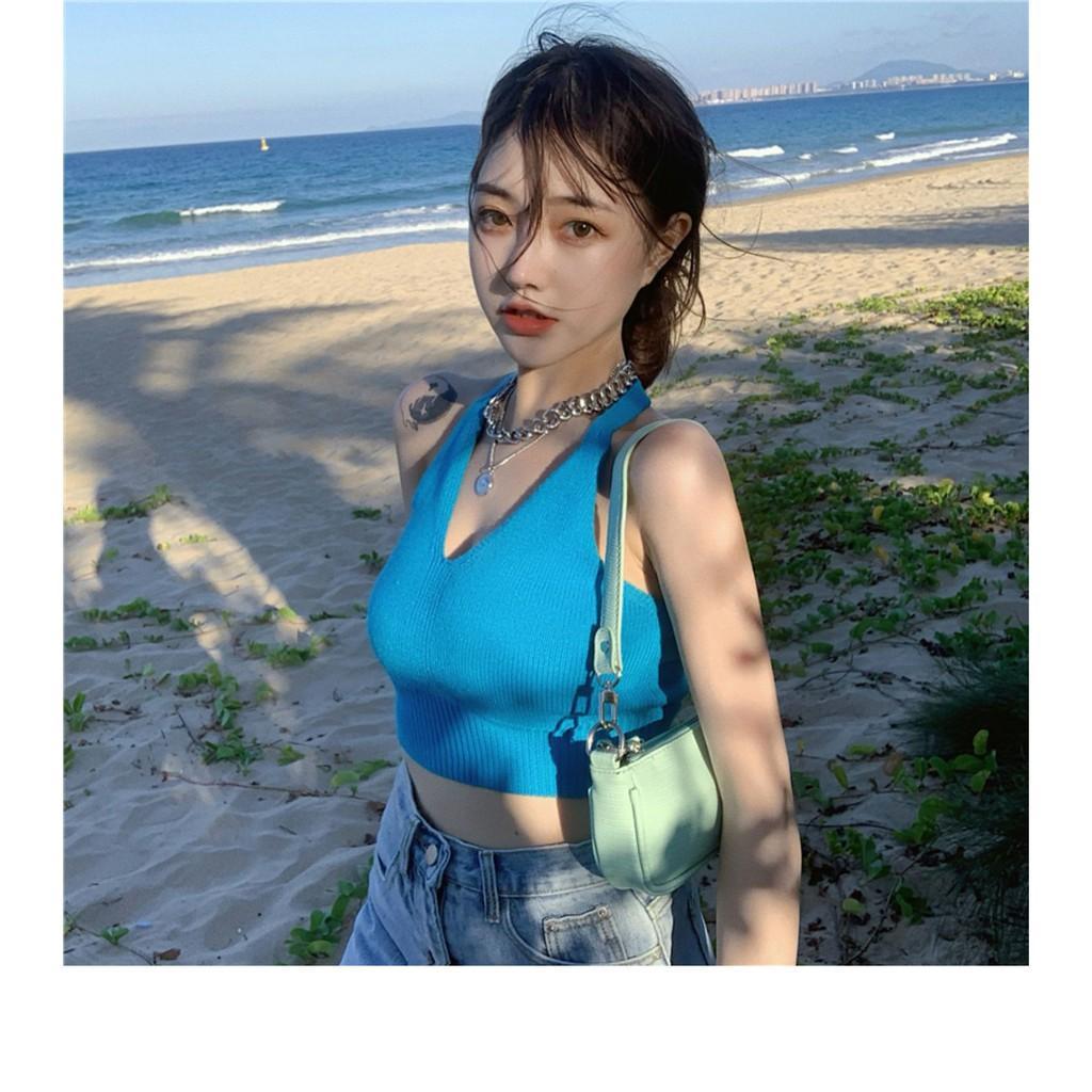 Áo croptop nữ kiểu 2 dây HACHIKI ôm body sang trọng chất len đẹp thời trang cao cấp mã AK09 - Đen