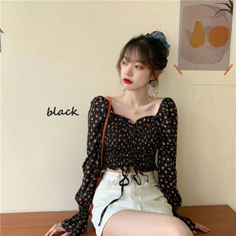 ÁO CROPTOP DÂY RÚT ÁO TRỄ VAI HOA XINH XINH