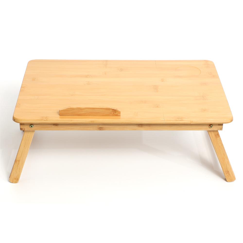 Foldable Bamboo Laptop Table 4-gear Adjustable Laptop Desk with Drawer Cup Slot for 13-15.6 inch Laptop