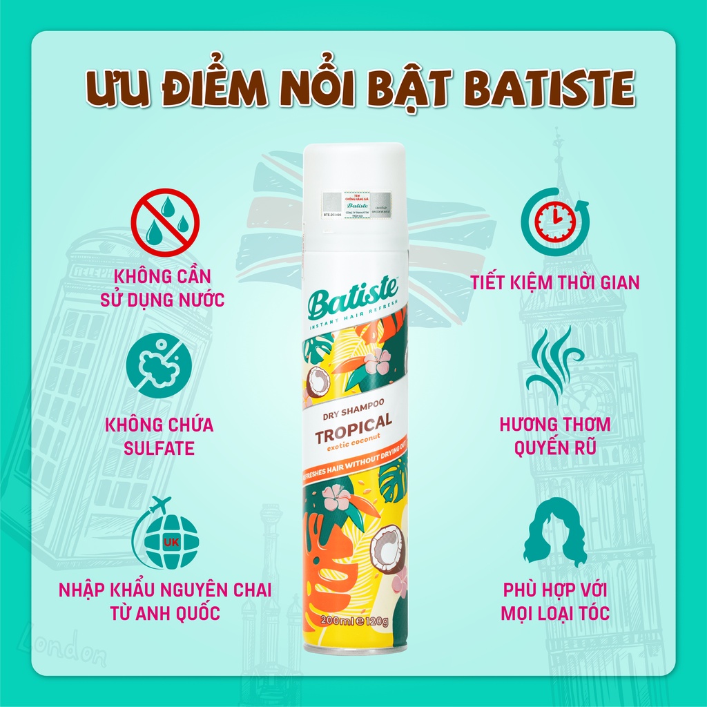 Dầu gội khô Batiste Dry Shampoo 200ml Hết Ngứa, Hết Bết Dính Tóc Bồng Bềnh Tức Thì