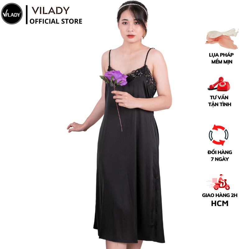 Đầm ngủ, Váy ngủ lụa Pháp (Lụa Latin) cao cấp VILADY - V151, phối ren và ngực lưng, xẻ đùi 2 bên (Màu Đen)