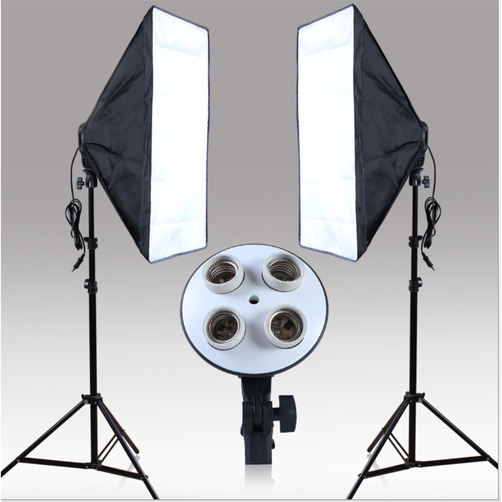 Bộ Đèn Studio, Đèn Chụp Ảnh Sản Phẩm Chân Đèn 2m Kèm Softbox 50x70 Hỗ Trợ Sáng, Đui 4 Bóng