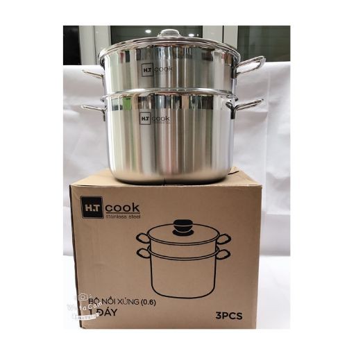 Bộ nồi xửng hấp 1 đáy từ inox 430 H.T cook nắp kính 28cm , tặng 2 vá canh