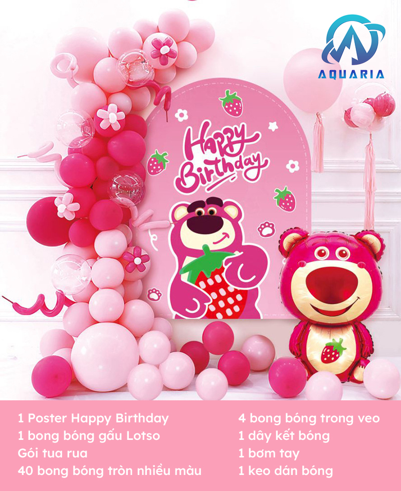 Set Bong Bóng Trang Trí Sinh Nhật Chủ Đề Gấu Hồng Lotso Dễ Thương Tặng Kèm Bơm Tay Siêu Đáng Yêu (Giao Mẫu Ngẫu Nhiên)