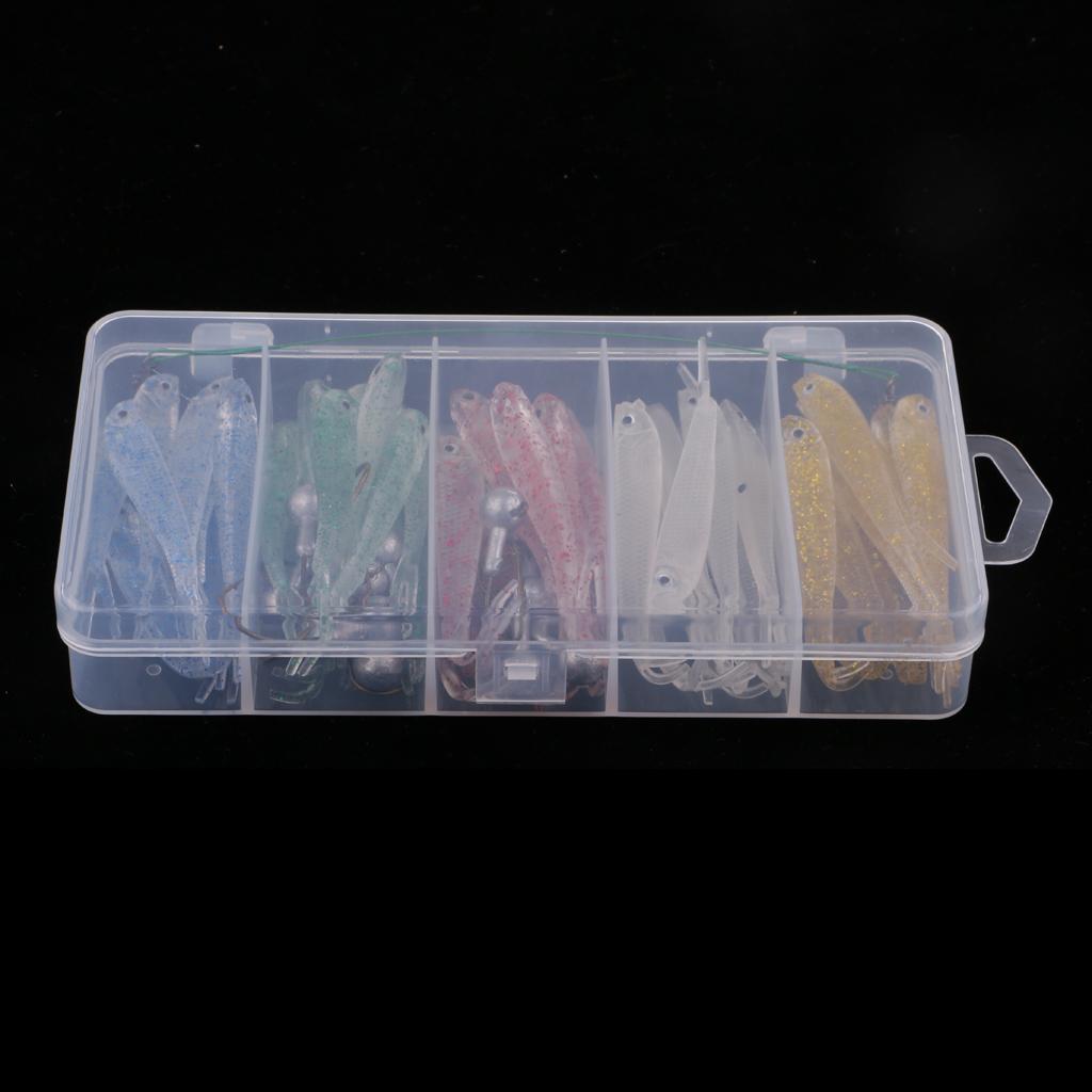 50pcs Soft Plastic Bass Fishing Lure Bait with Jig Head Worm Hooks Lure Box