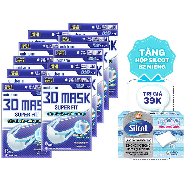 Combo 10 gói Khẩu trang Super Fit 5 miếng + 1 Bông tẩy trang Silcot 82 miếng