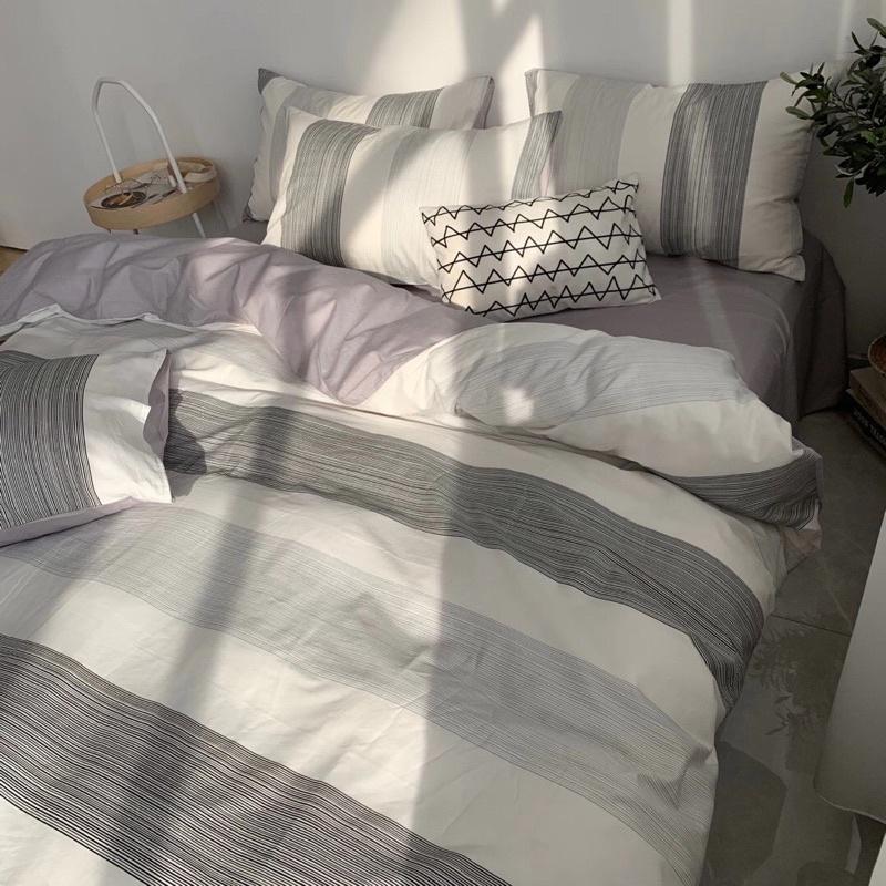 Set Cotton Living Hàng Nhập Khẩu Cao Cấp 4 Món Kẻ Trắng