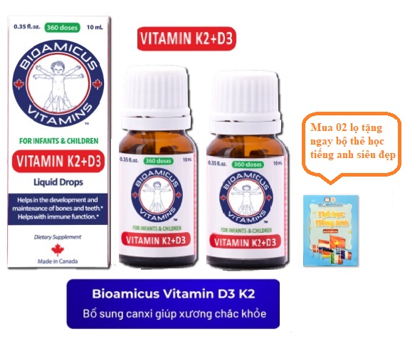 Combo 02 lọ BioAmicus Vitamin K2 D3 - MK7 10ml Chống Còi Xương, Hết Vặn Mình, Khóc Đêm-Tặng thẻ học tiếng anh