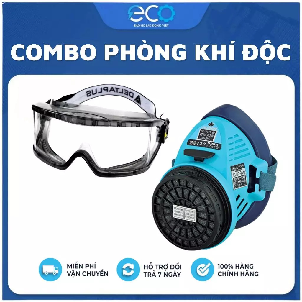 [COMBO] Mặt nạ Koken G7 Nhật Bản phòng khí độc, phun thuốc &amp; Kính chống văng bắn, chống đọng hơi sương Delta Plus Pháp