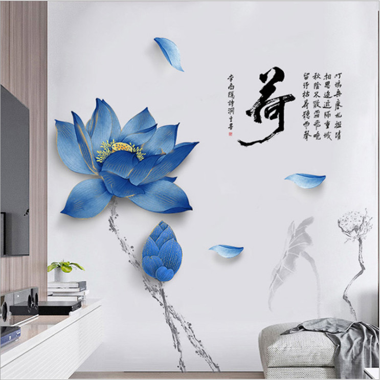 Decal dán tường tranh thủy mặc Hoa Sen xanh sang trọng trang trí phòng khách DH113