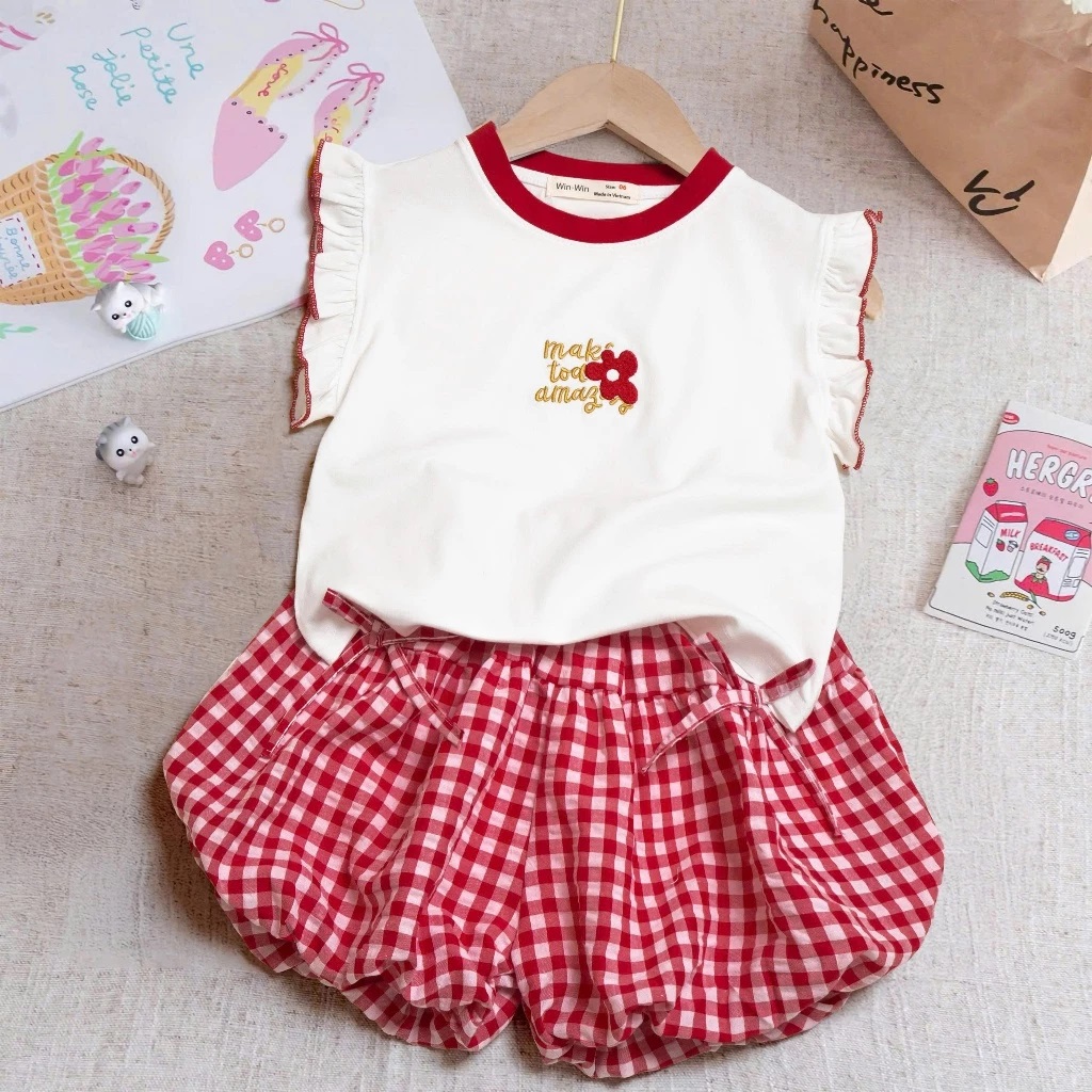 Set Đồ Bé Gái Tay Cánh Tiên Áo Thun Cotton Thêu Hoa Kèm Quần Bí Caro Xốp Đính Nơ Xinh Xắn Từ 8-30kg Dành Cho Bé Gái