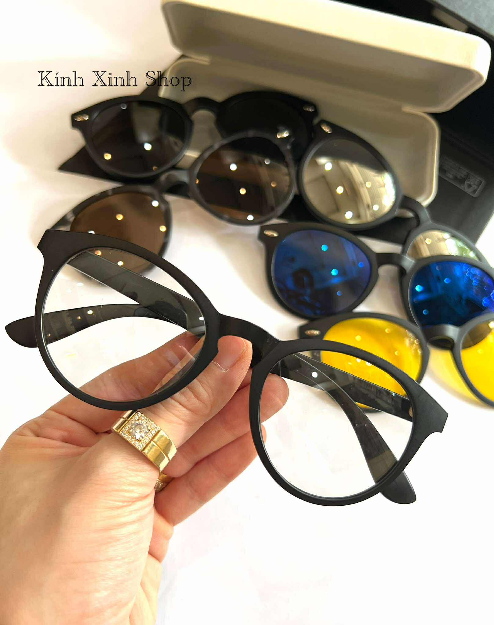 Kính Cận Râm Nhiều Tròng 6in1 Đa Năng Dáng Mắt Tròn Gọng Nhựa Màu Đen Thiết Kế Đơn Giản Cho Nam Nữ