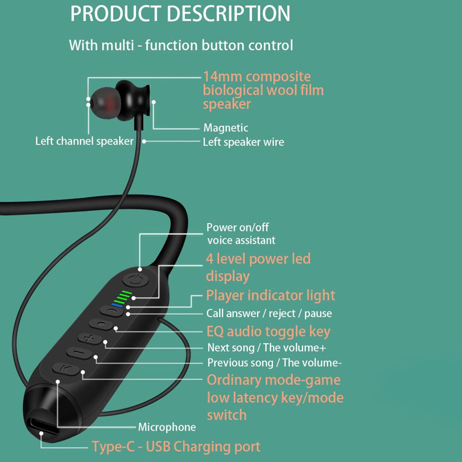 Neckband Bluetooth V5.3 Headphones W/Mic HD Stereo Sport Earbuds for Running Gym Home