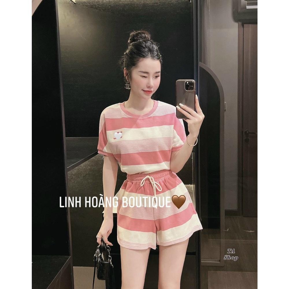 Set bộ len áo + quần ngắn kẻ ngang thêu C.N