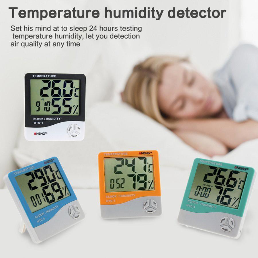 Nhiệt ẩm kế điện tử LCD HTC-1 báo nhiệt độ . độ ẩm trong phòng kiêm đồng hồ báo thức