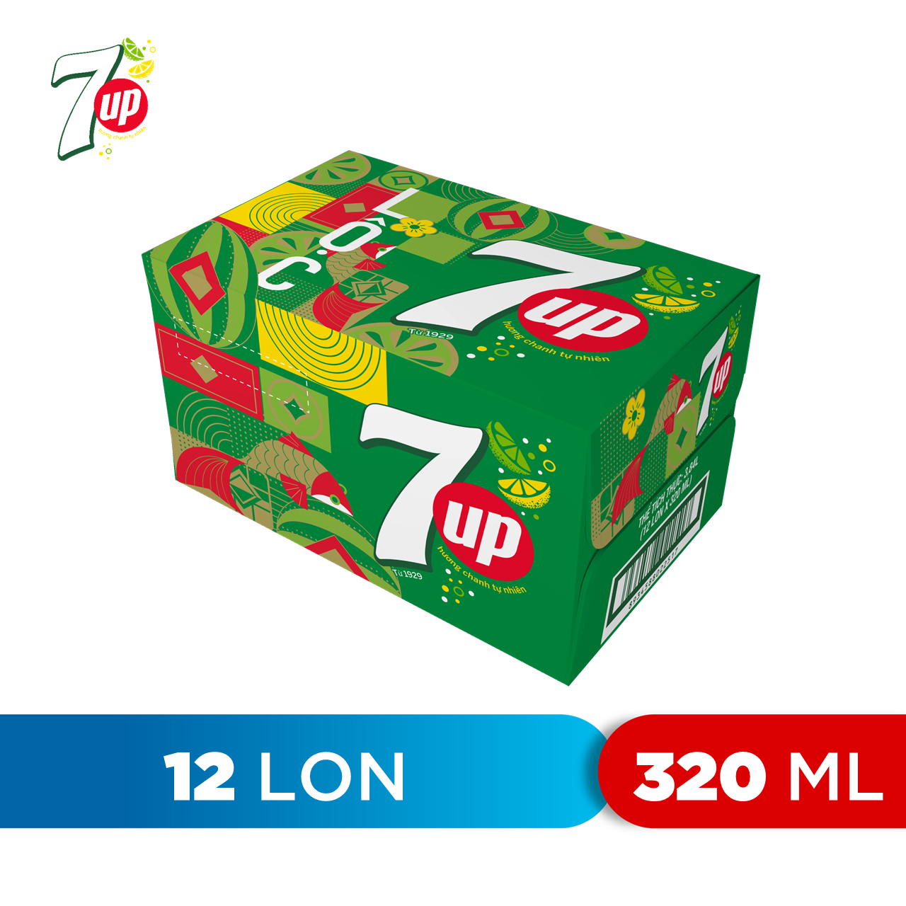 Thùng 12 Lon Nước Ngọt Có Gaz 7Up (320ml/lon) - Phiên Bản Tết