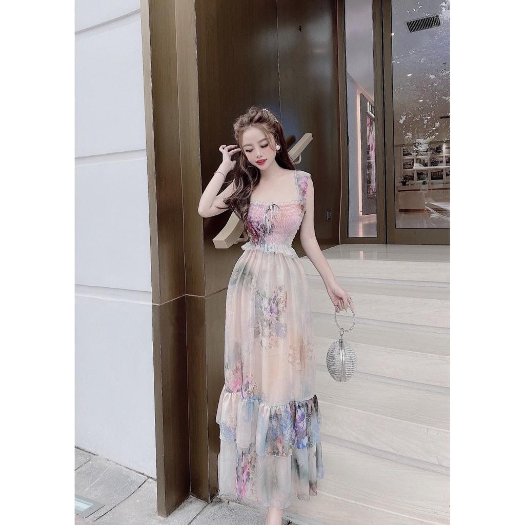 Đầm Maxi 2 Dây Bèo Nhún Ngực Bo Eo Đuôi Tầng Họa Tiết Hoa - Vải Chiffon - 2 Màu Hồng, Cam - Dành Cho Nàng Đi Dạo