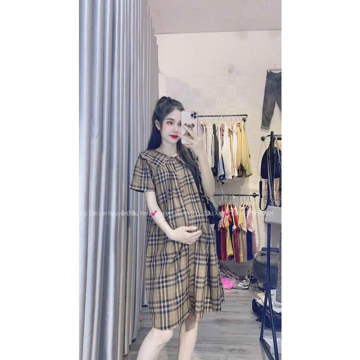 Váy bầu xinh sơ mi dáng dài, đầm bầu đẹp dáng suông dài chất mềm mát