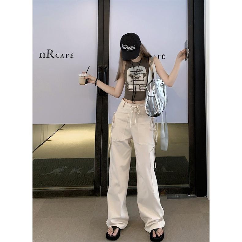 Quần KaKi Lưng Cao Phối Dây, Quần Túi Hộp Cargo Pants Có Túi Dáng Rộng Phong cách Retro cá tính Unisex