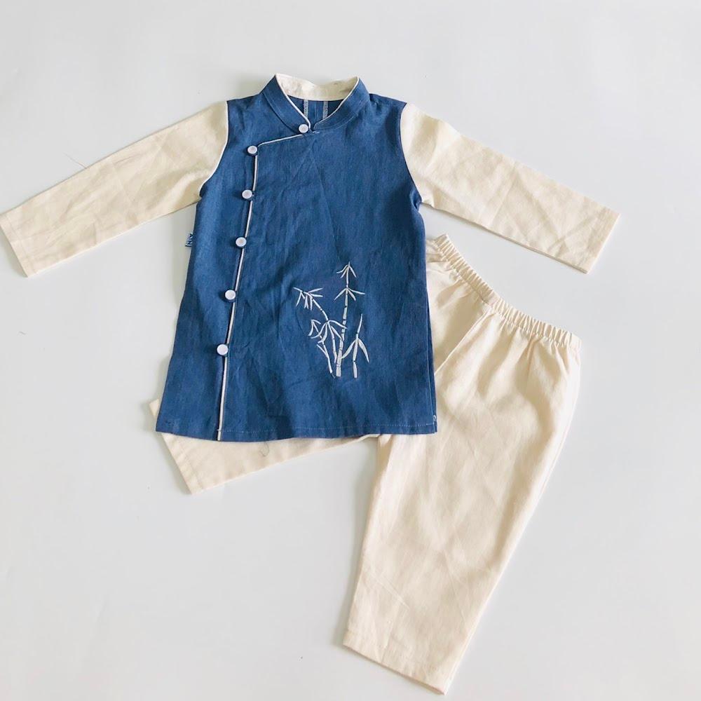 Áo dài bé trai Xanh kem thêu lá trúc linen - AICDBTA0RPM7 - AIN Closet